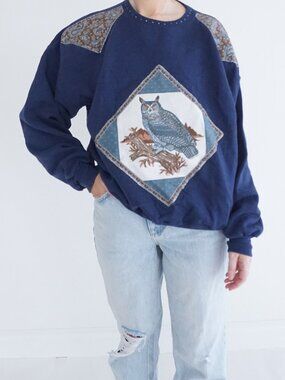 Vintage Hanes Navy Owl Bird Diamond Patch Paisley Shoulder Graphic Sweatshirt L